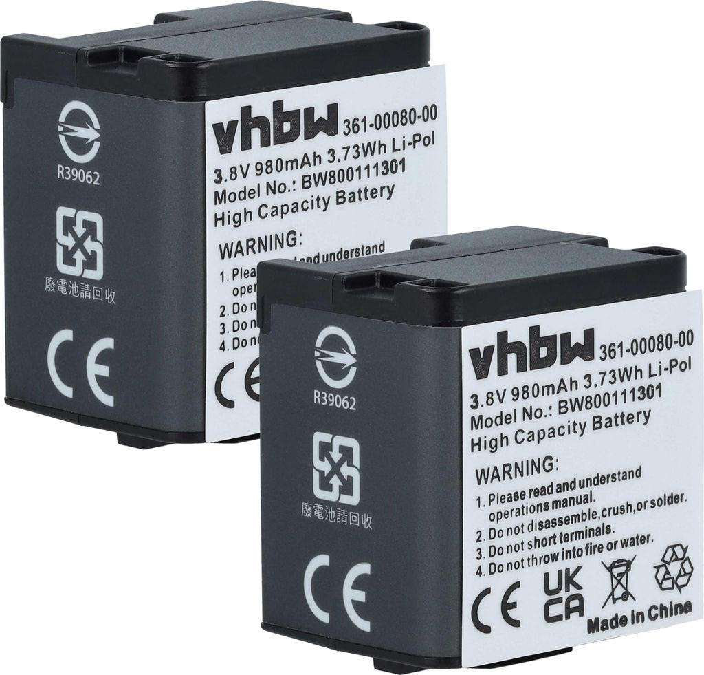 vhbw 2x Akku kompatibel mit Garmin Virb X, X compact, XE Videokamera Camcorder (980 mAh, 3,8 V, Li-Polymer)