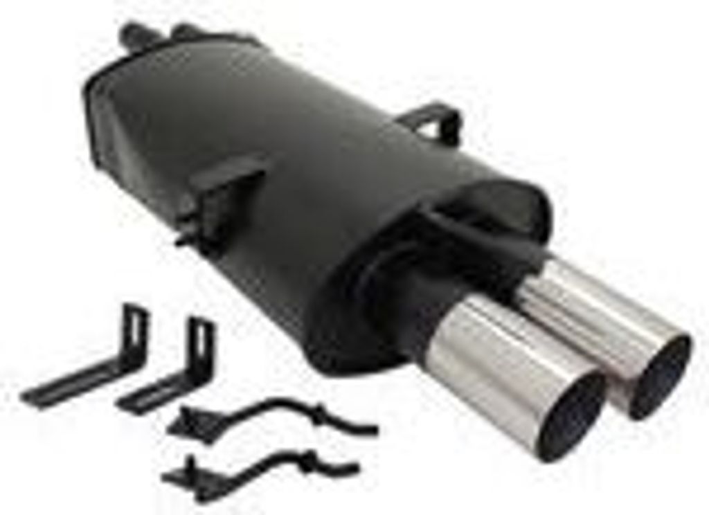 A black sport exhaust muffler with two silver tailpipes and mounting brackets on a white background.