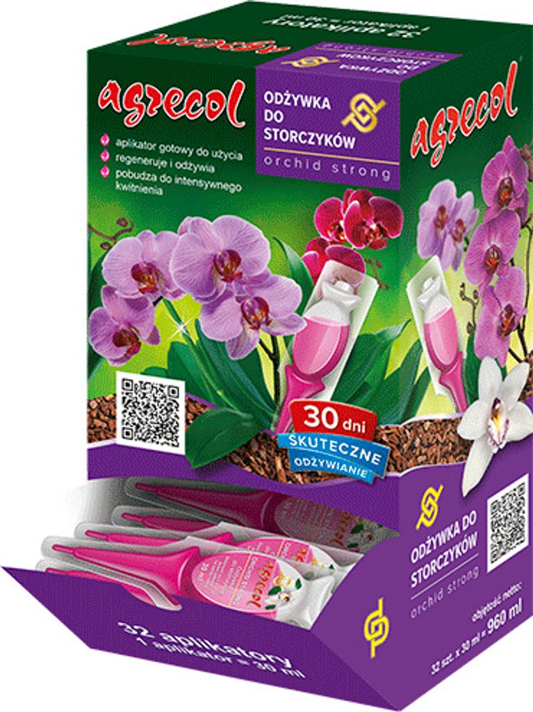A box of orchid fertilizer applicators with images of orchids and product information.