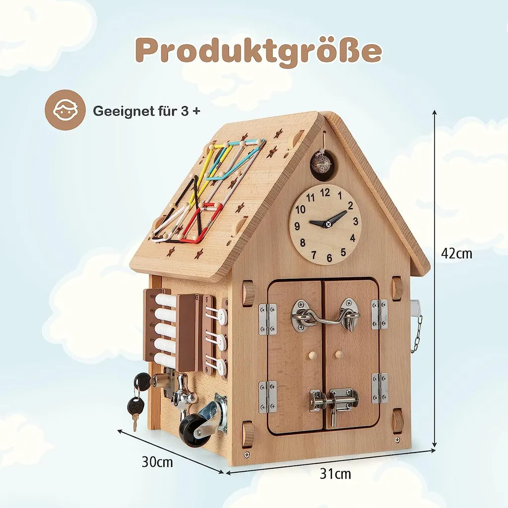 Cabane Montessori en Bois avec Cube d'Activité Sensoriel et Rangement