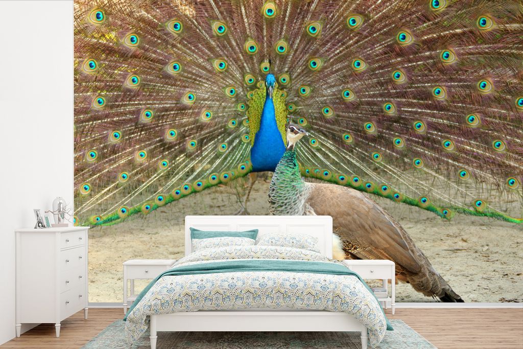 MuchoWow Fototapete für Wohnzimmer oder Schlafzimmer Wandtapete Vinyl Motivtapete Pfaue - Vögel - Federn - 390x260 cm - Papiertapete