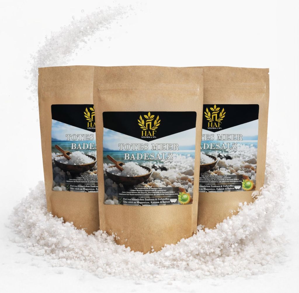 HAF – Totes Meer Badesalz (3 x 1 kg Beutel) – Naturreines Meersalz aus Jordanien. Für trockene Haut & Gesicht | Für guten Schlaf & zur Körpe...