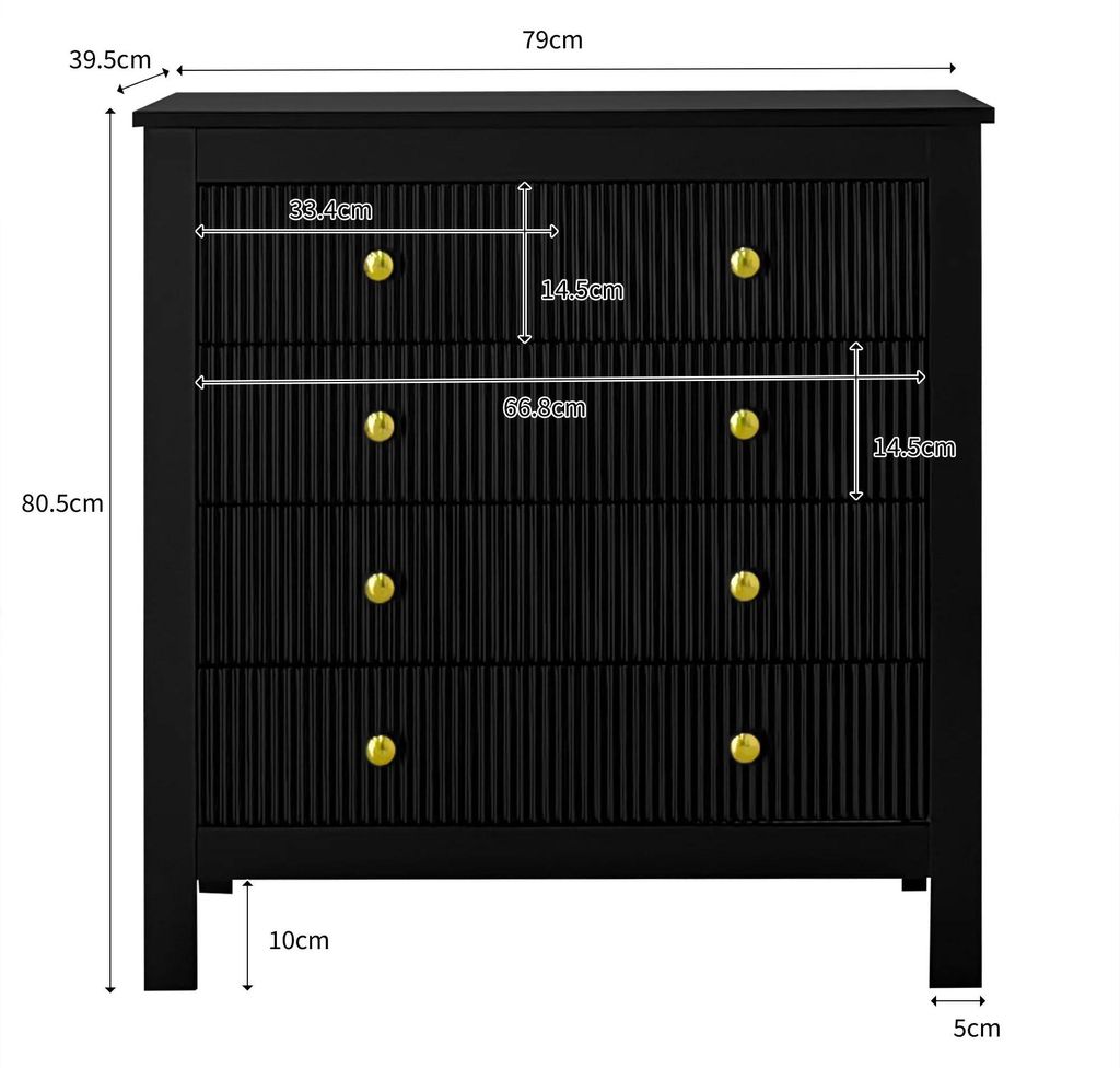 Moderne Kommode - Holz-Schubladenschrank - Strukturierte Front - Goldfarbene Griffe - Mehrzweck Schuhschrank und Garderobenschrank, schwarz