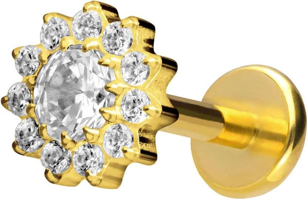 Ohrpiercing, Nasenpiercing Titan Labret mit Push Fit KRISTALLBLUME Gold Stablänge: 8mm | Stabstärke: 1mm