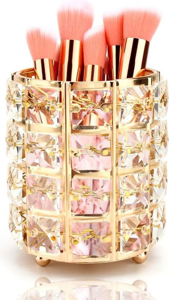 Make-up Pinsel Aufbewahrung aus Kristall Make-up Pinselhalter Kosmetik Pinsel Halter Organizer Stiftbehälter Desktop-Dekoration 9.5cm×12cm (Gold)