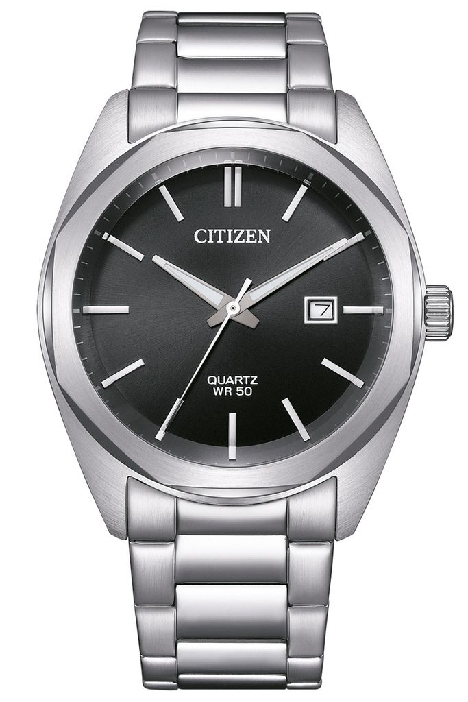 A close-up, front-facing studio shot of a Citizen analog men's watch with a black dial and a stainless steel band.