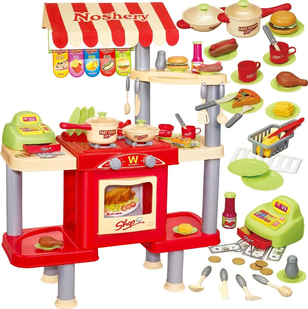 Cuisine Enfant Marchande Fast Food sur Roulettes - Kit Complet 30 Pcs