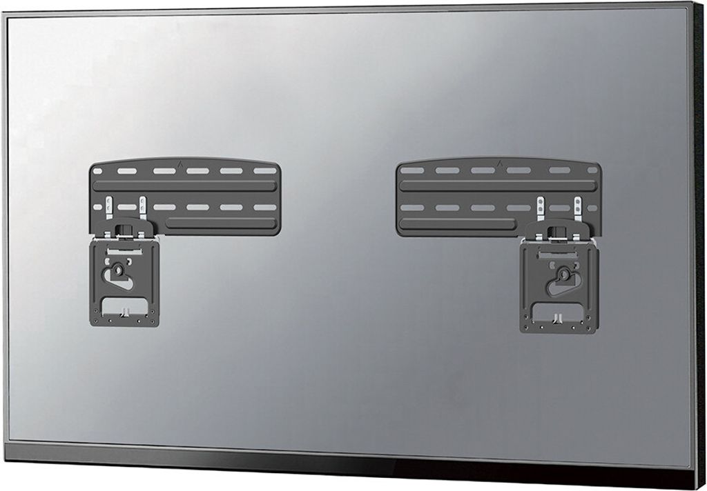 A close-up view of a wall mount for a television, showing two mounting brackets attached to a reflective surface.