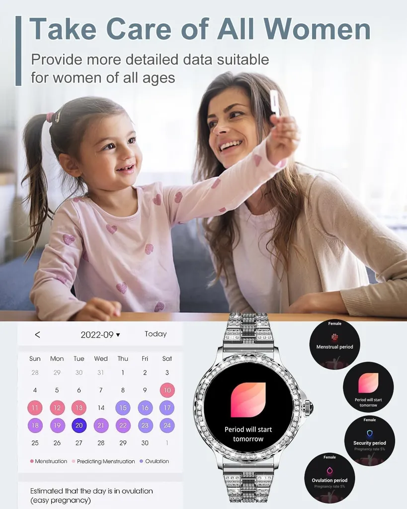 con funzione telefono, touchscreen HD da 1,3" con misurazione della frequenza cardiaca e della pressione sanguigna, monitoraggio del sonno e del ciclo mestruale, 120+ modalità sportive, orologio fitness IP68 - 6