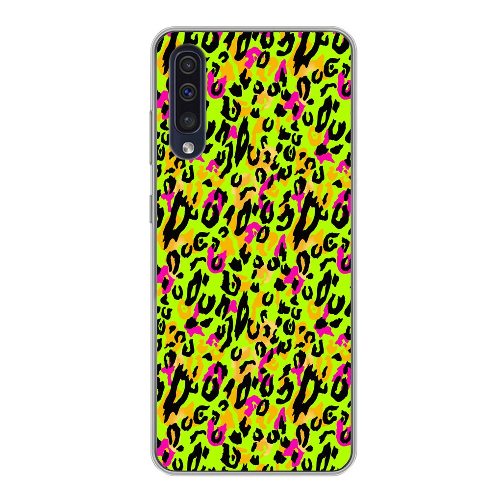MuchoWow Handyhülle Schutzhülle Hülle für Samsung Galaxy A30s Tierprint - Panther - Neon - Gelb Silikon Softcase Handy Hülle - Karteninhaber