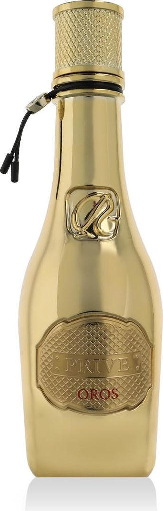 A gold-colored perfume bottle with a textured cap and a decorative label.