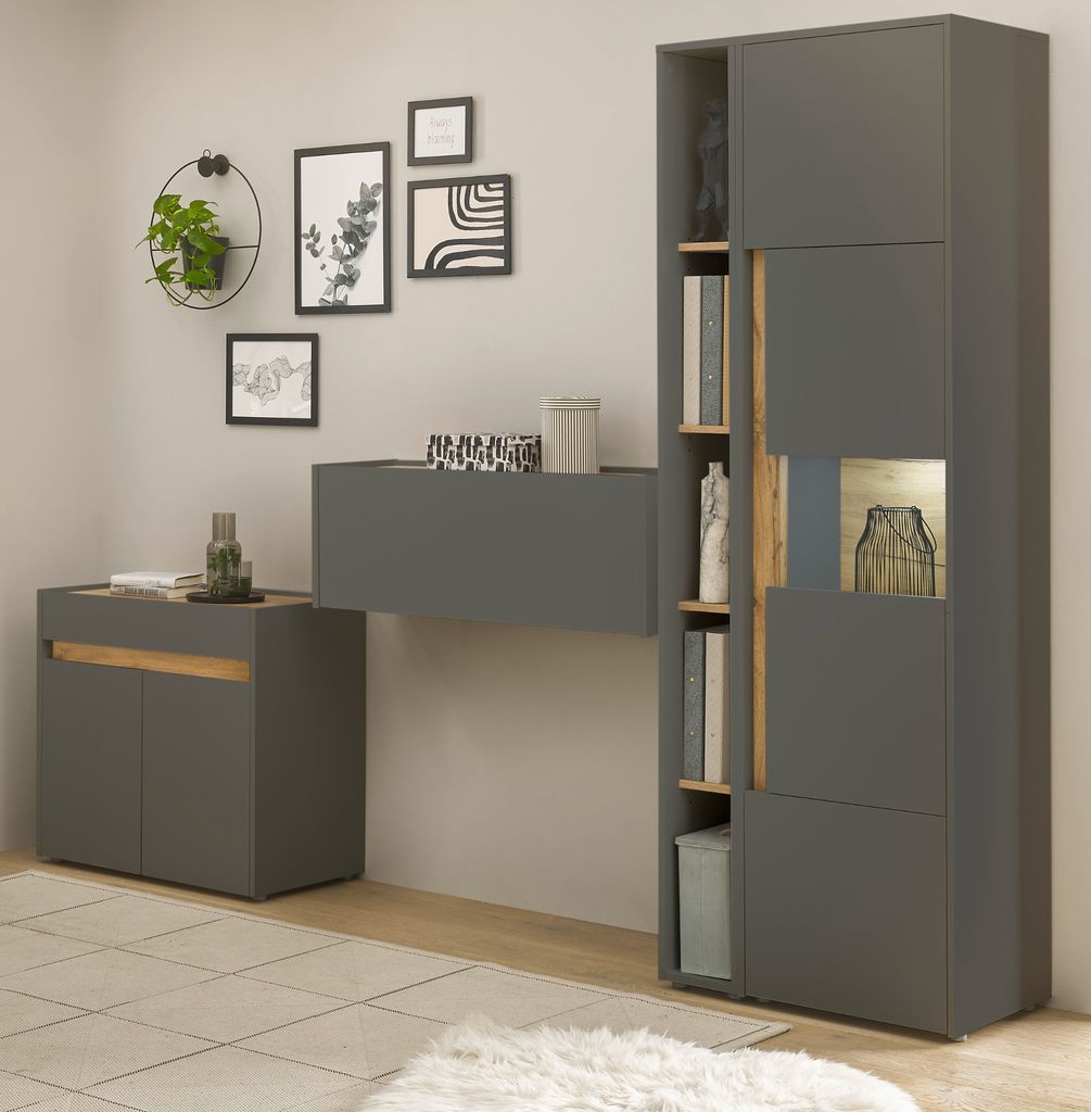 Büromöbel Set Center in grau matt und Wotan Eiche Aktenschrank, Sekretär