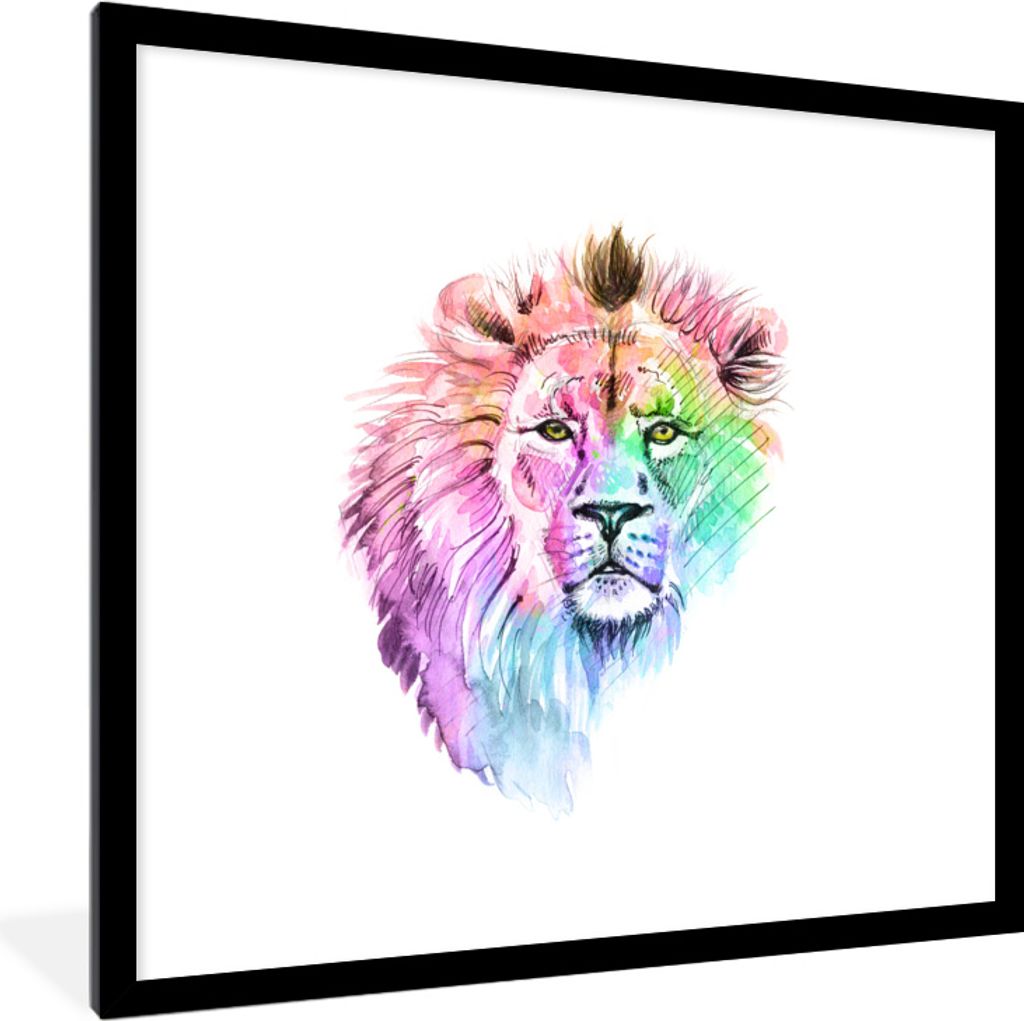 MuchoWow MuchoWow Gerahmtes Poster Löwen - Illustration - Farben 40x40 cm - Poster mit zchwarzem Bilderrahmen - Poster - Plakat im Rahmen