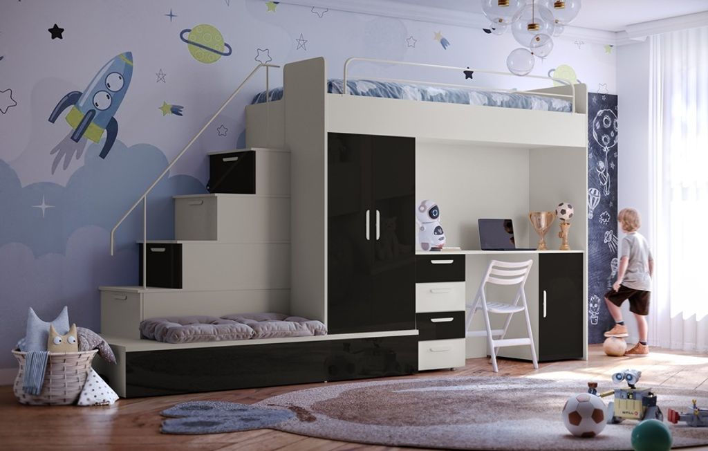 Etagenbett FELIX 5, Hochglanz Kinderbett, Hochbett, MIT Matratze und Lattenrost (Kaschmir + Schwarz Glanz )