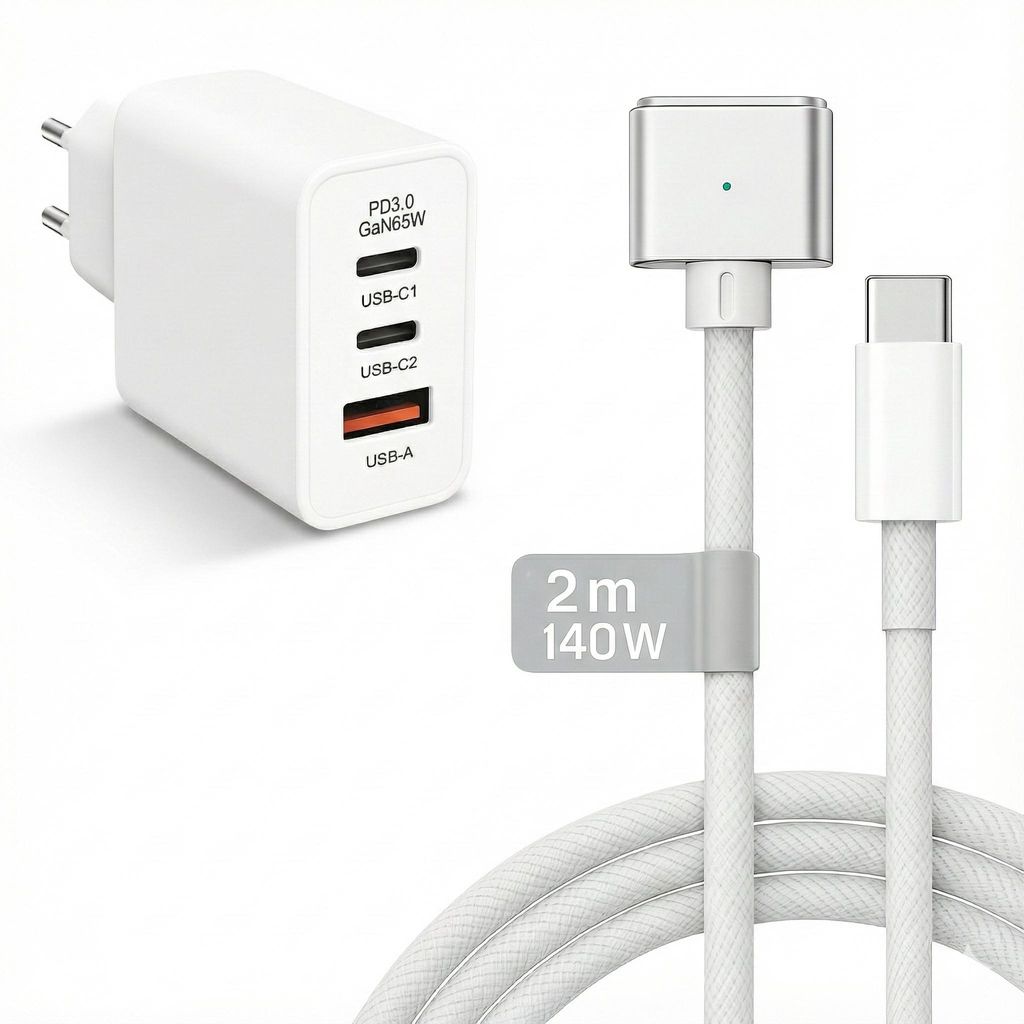65W USB C Ladegerät 2x USB-C 1x USB-A + 140W MagSafe 3 Kabel Silber 2m für MacBook Air & Pro M1 M2 M3 M4 M5 - Netzteil Adapter