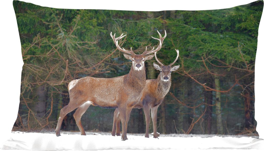 MuchoWow Zierkissen Sofakissen Wohnzimmer Dekokissen 50x30 cm Rotwild - Schnee - Wald - Wohnzimmerdekoration - Polster mit Photo