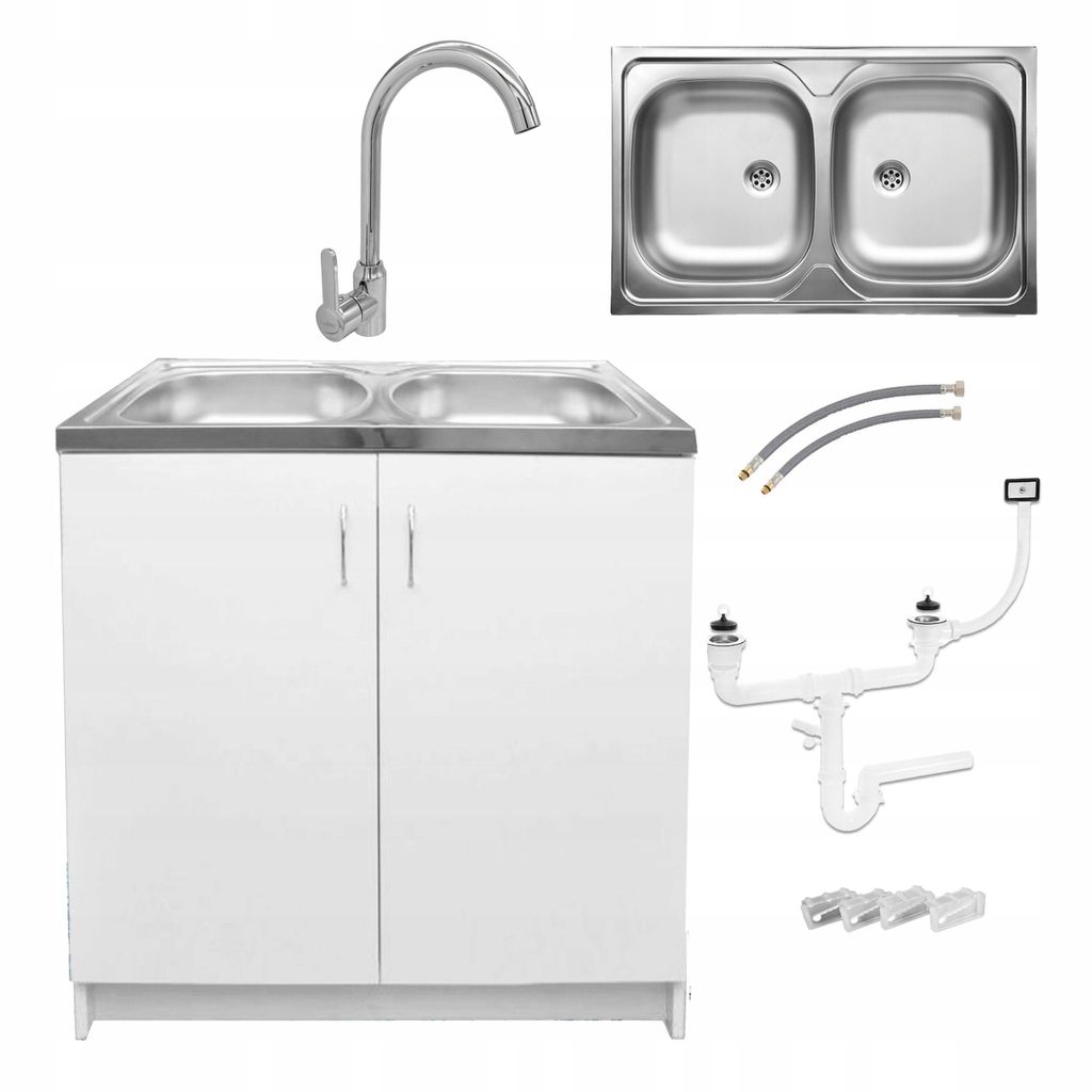 Stamar | Küchenunterschrank, Spüle mit 2 Becken, 80 cm, mit Armatur, Geschirrspüle, Siphon, Weiße, Set