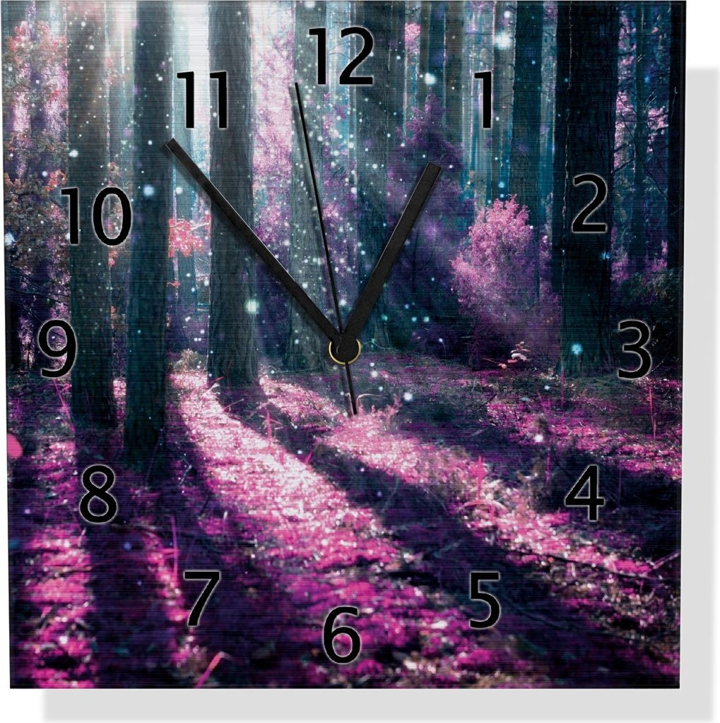 Wallario Design Wanduhr Fantasie im Wald - Pinke Blumen in der Sonne aus Aluverbund, Größe 30 x 30 cm