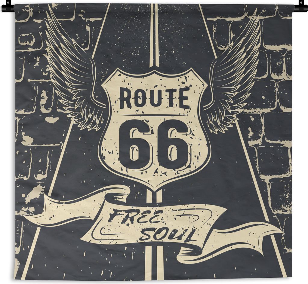 MuchoWow Wandteppich Wandbehang Route 66 - Vintage - Schwarz - Weiß 150x150 cm Tapisserie Dekoration Wandtuch - Wohnaccessoires - Modernes