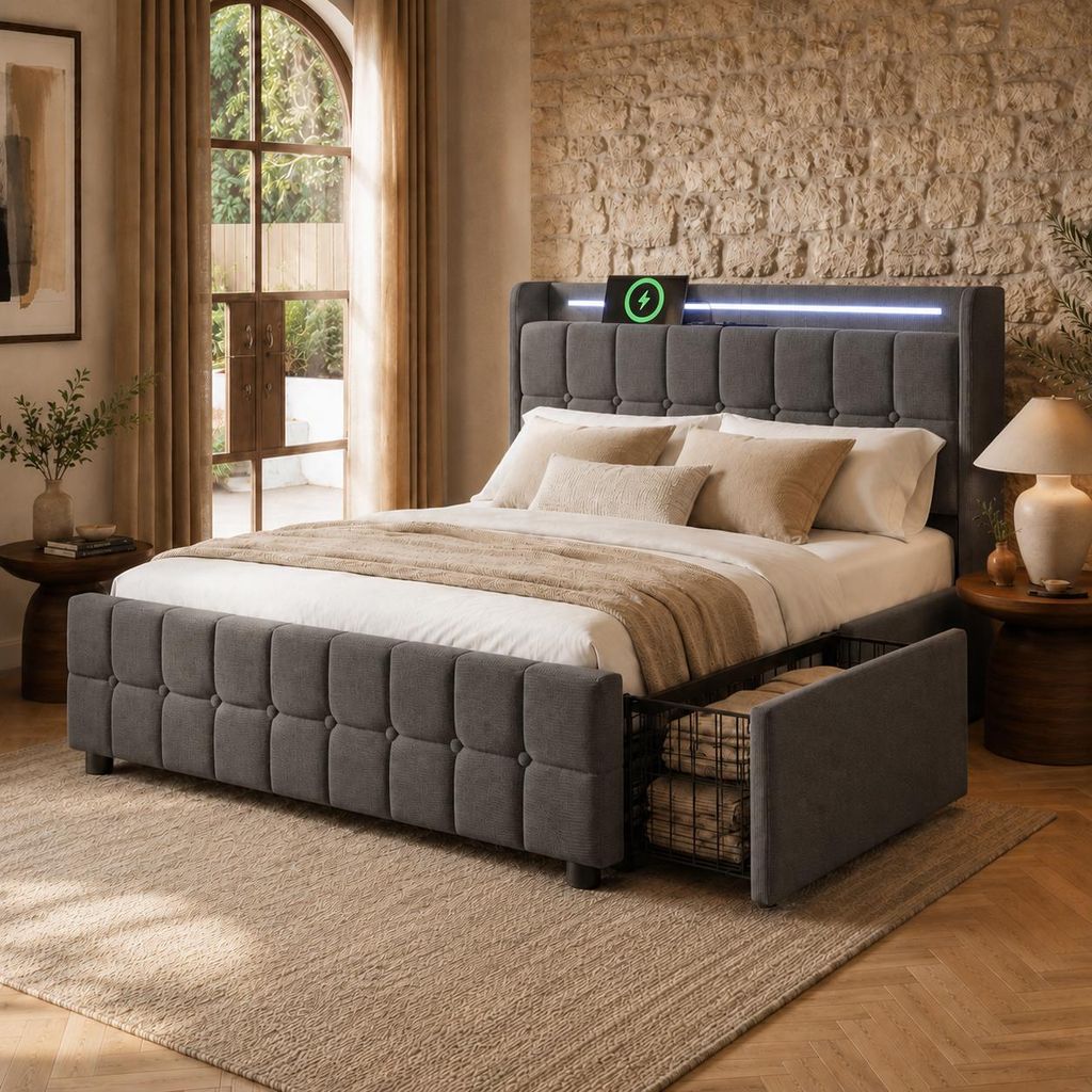 Flieks Polsterbett 140x200cm mit USB und Steckdosen, Jugendbett Doppelbett mit 4 Schubladen, Stauraumbett Massivholzbett mit LED und Lattenrost, Le...