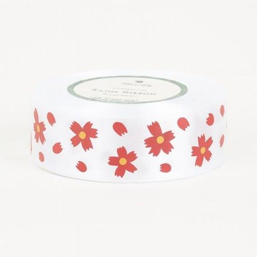 Bedrucktes Band zum Verpacken von Geschenken, dekorativ, weiße Blüten, 25 mm, 23 m