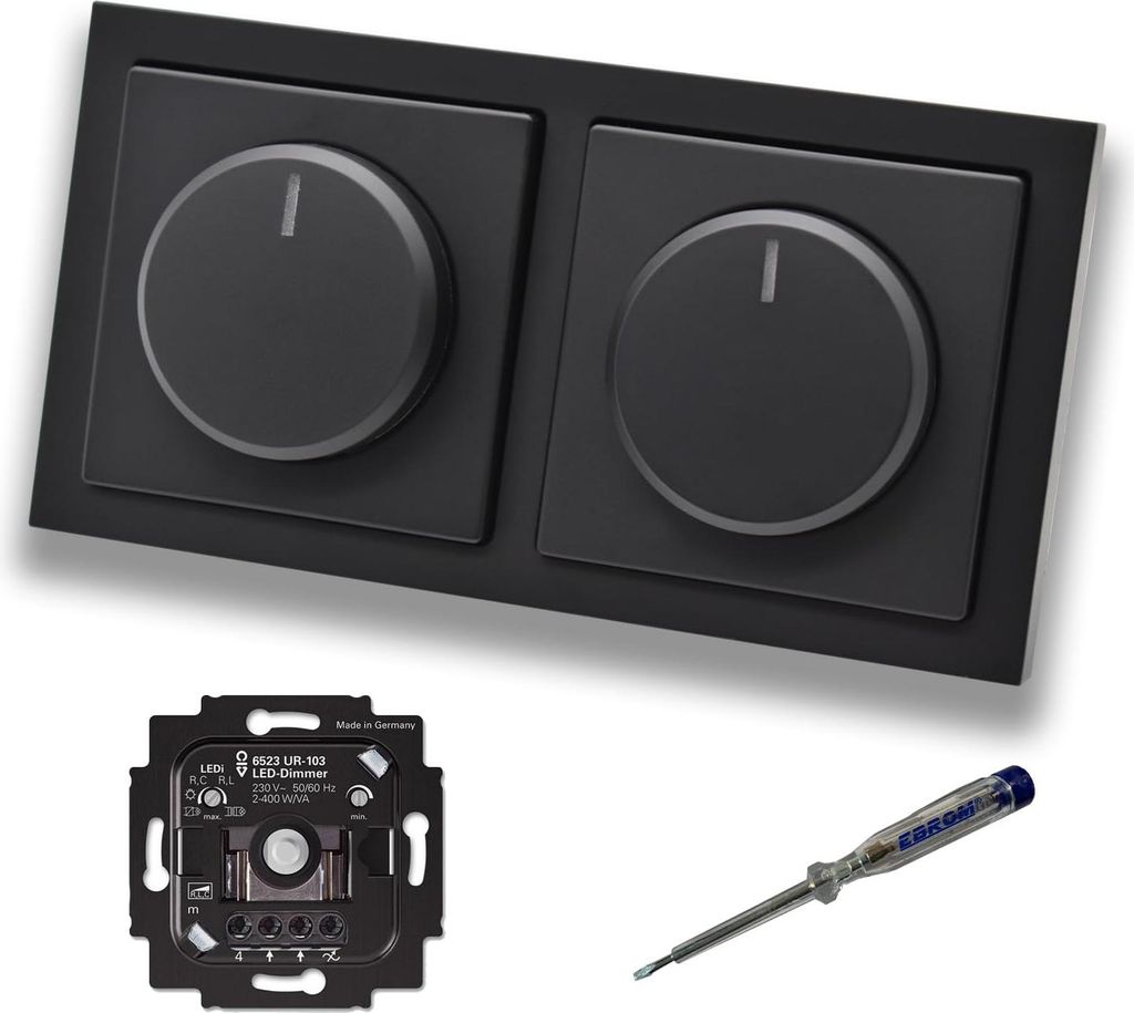 Busch Jäger 6523UR-103 (2 Stück) LED Drehdimmer Dimmer + Dimmerscheiben 6540-885-102 in Future Linear schwarz matt im 2-fach Rahmen + EBROM Phase...