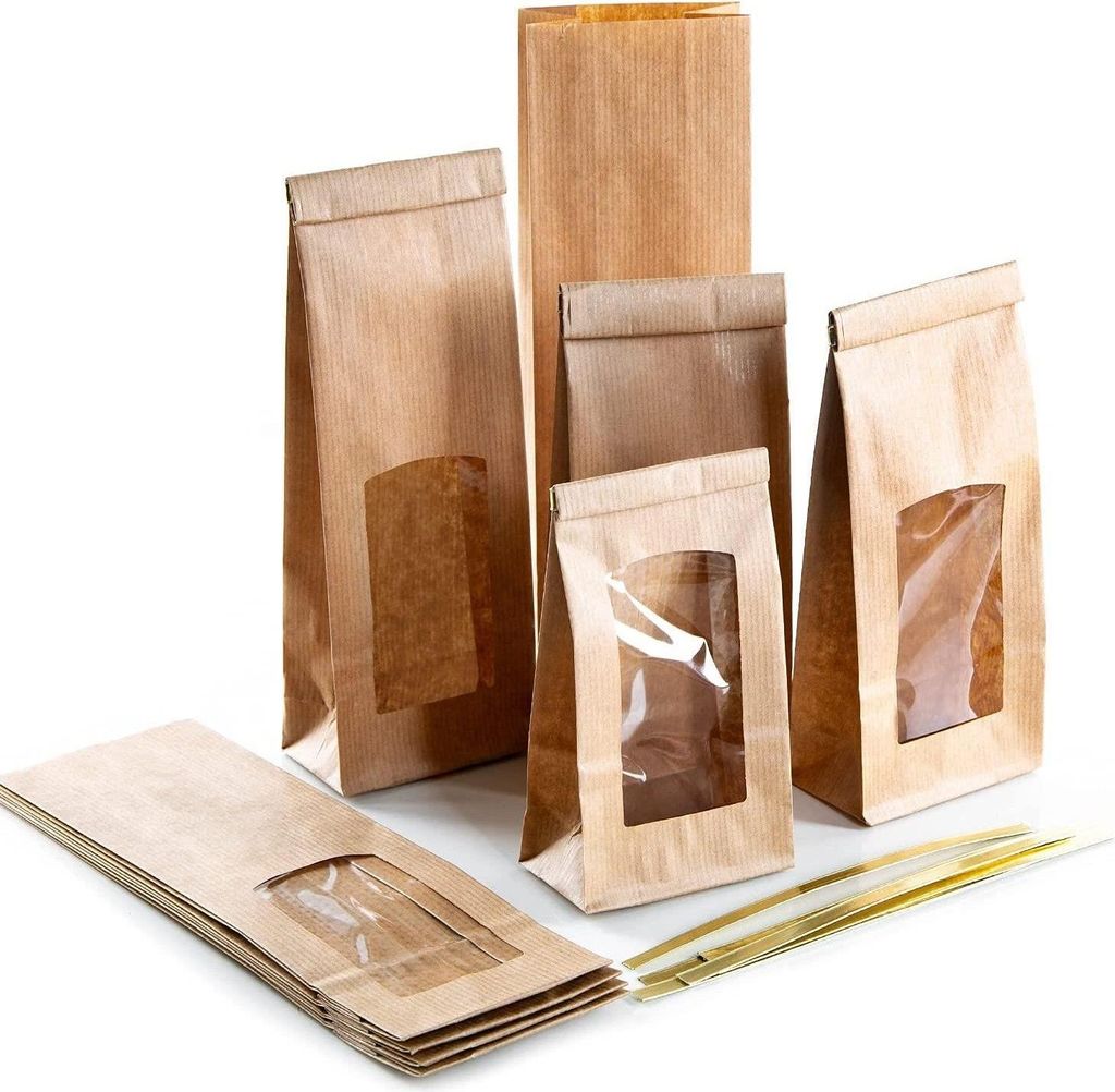 Logbuch-Verlag 10 braune Blockbodenbeutel mit Sichtfenster 26,5 8,5 x 5 cm - Papiertüte zum Befüllen Verpackung lebensmittelecht10 Stück