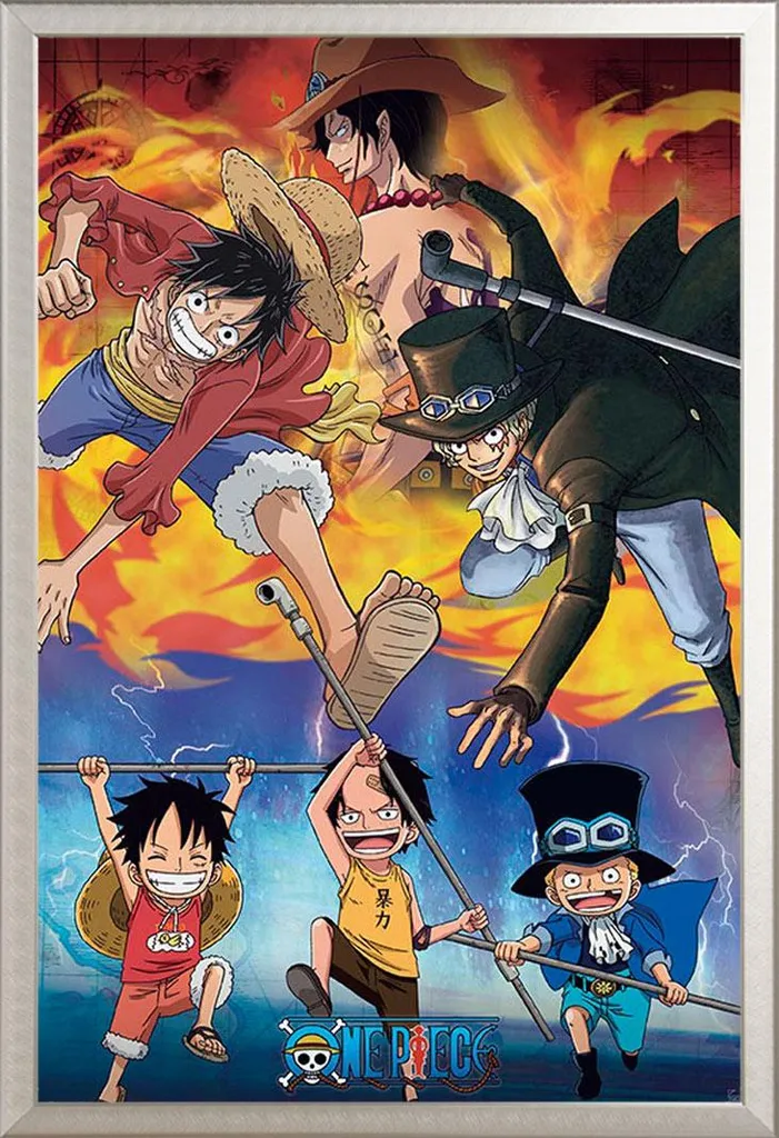 Cadre alu argenté avec affiche One Piece Luffy Ace Sabo - Vitre Acrylique