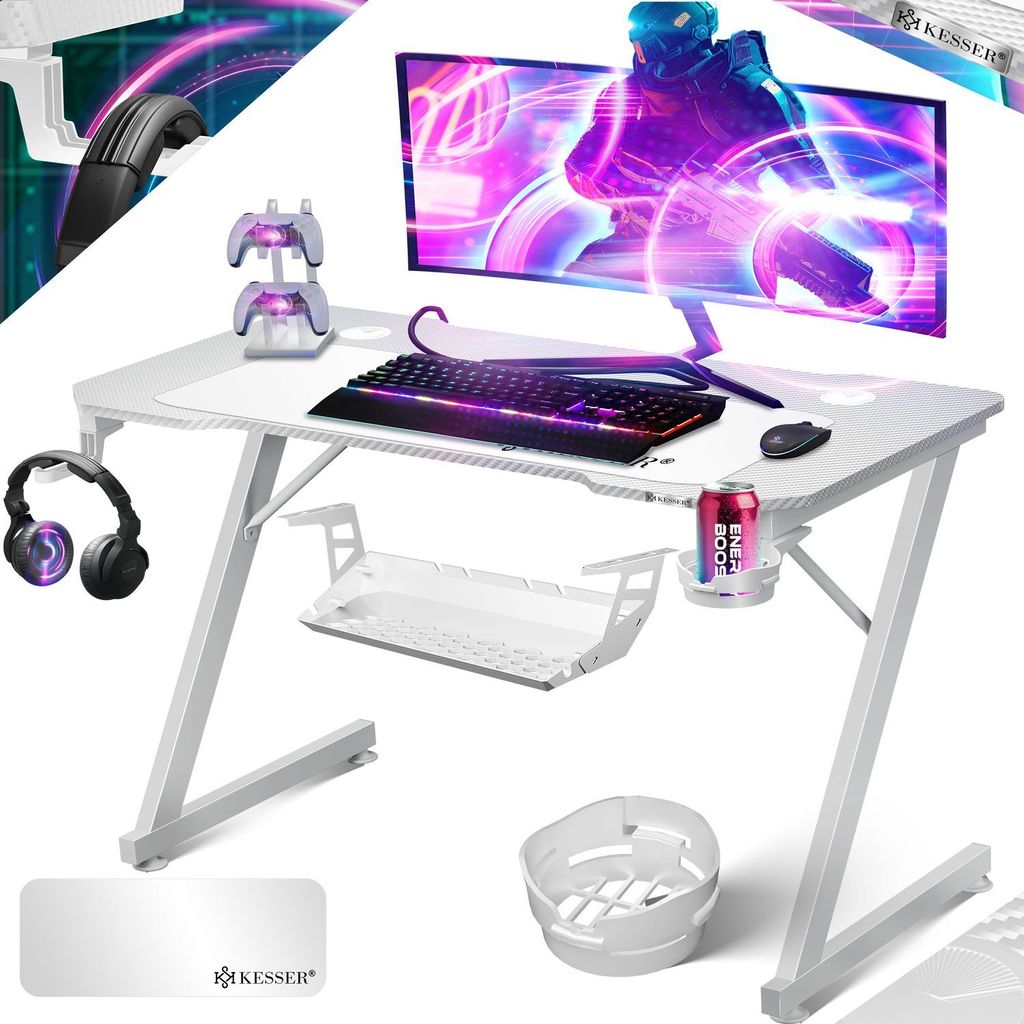 KESSER Gaming Tisch LED | Z-Form Gamer Schreibtisch | Kopfhörerhaken & Kohlebeschichtung | Ergonomischer PC Computertisch | Stabiler Tisch mit M...
