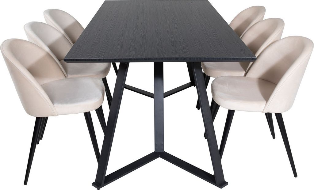 MarinaBLBL Essgruppe Esstisch schwarz und 6 Velvet Esszimmerstühle Velour beige, schwarz.