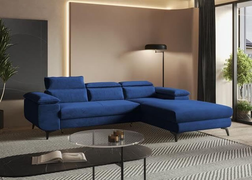 MODERNO Ecksofa mit Schlaffunktion und Bettkasten FLAT, Rechts, Dunkelblau