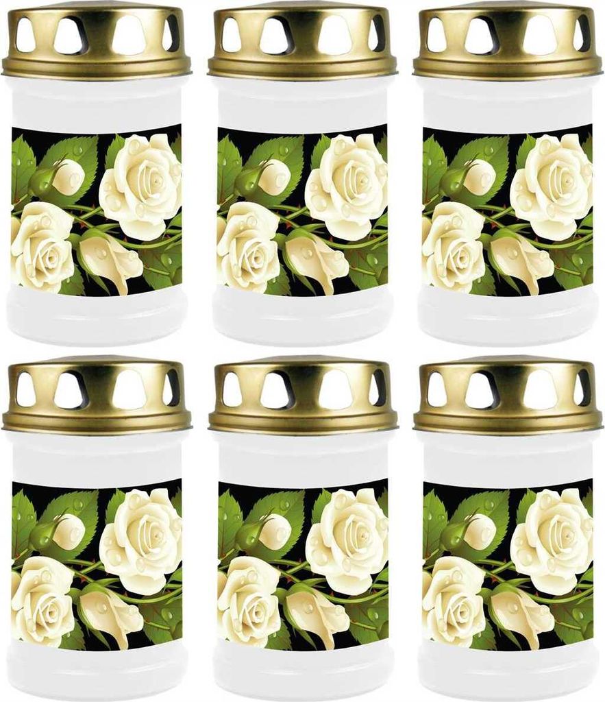 Grabkerze Weiß 6er Pack, Brenndauer: 48 Stunden ( je Kerze ), Motiv: Rose