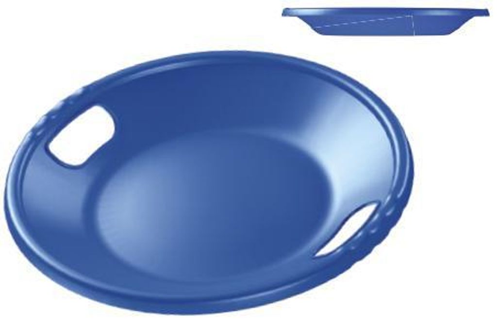 A blue plastic sled shaped like a UFO, shown from a diagonal angle with a smaller side view above.