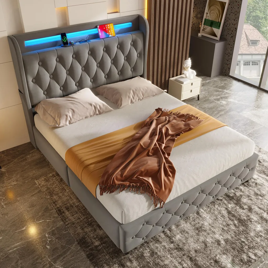Lit avec éclairage LED connecté et prises USB pour smartphone - 5