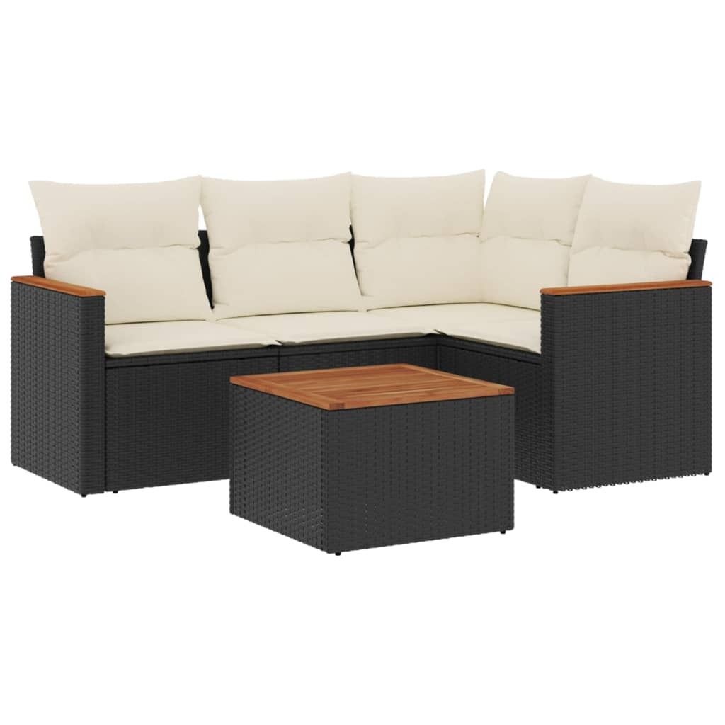 Gartenmöbel-Set 5-tlg., Poly Rattan Loungesofa mit Stauraum, Akazienholz Tischplatte, Cremeweiße Kissen, Schwarz, Modulares Design