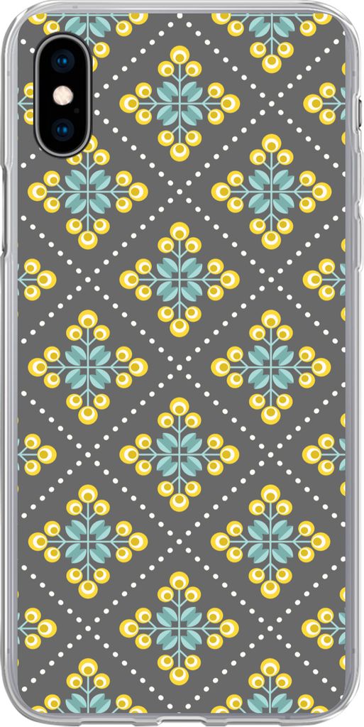 MuchoWow Handyhülle Schutzhülle Hülle für Telefoonhoesje iPhone Xs Design - Kariert - Blumen - Grau Silikon Softcase Handy Hülle - Handytasche