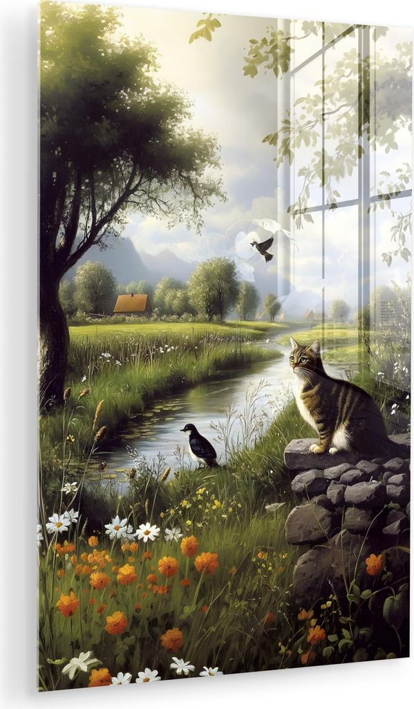 MuchoWow Glasbilder - Bilder auf Wandbild - Foto auf Glas Katze - Bach - Wiese 80x120 cm Wanddekoration aus Glas - Acrylglasbild - Acrylbilder - Di...