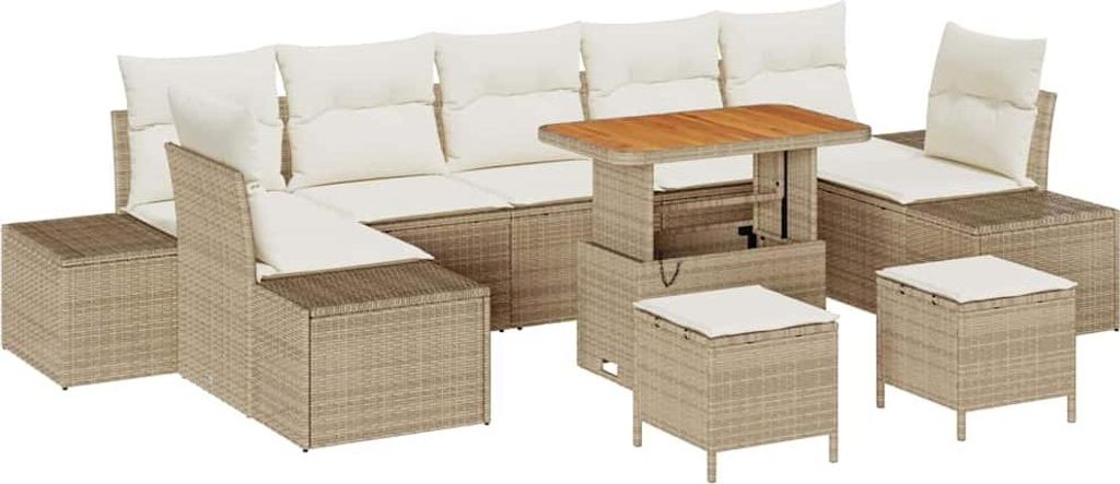 vidaXL Gartensofa-set mit Kissen mit Speicher 10 pcs Beige Poly Rattan