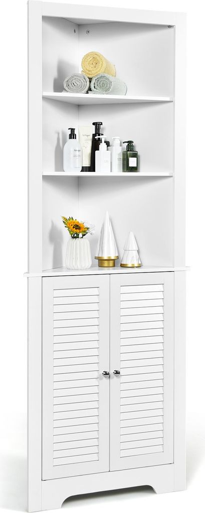 COSTWAY Badezimmerschrank Ecke, Eckschrank Bad mit 3 offenen Regalen & 2 Lamellentür, Hochschrank Badschrank, Aufbewahrungsschrank, 45x45x173cm, w...