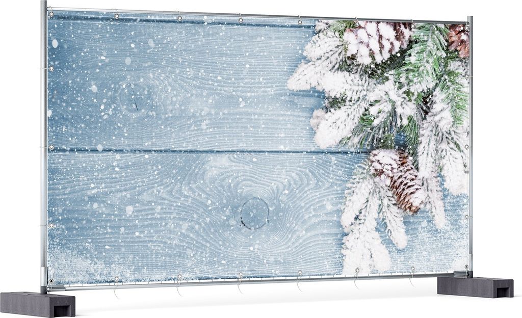 Wallario XXL Outdoor-Poster für Garten oder Balkon, Motiv Verschneite Tannenzweige auf Holz - Winterdekoration, in ca. 340 x 173 cm