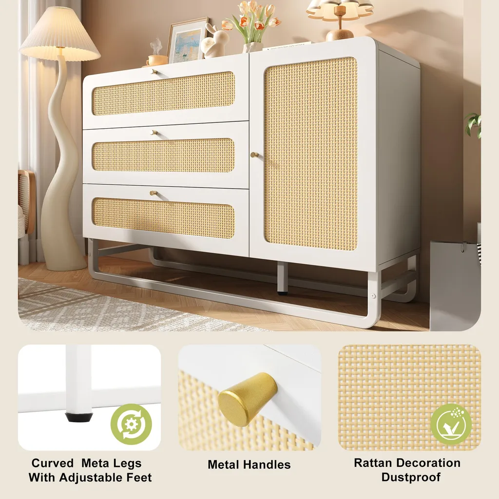Commode 3 tiroirs en rotin blanc 120 cm avec compartiment modulable - 5