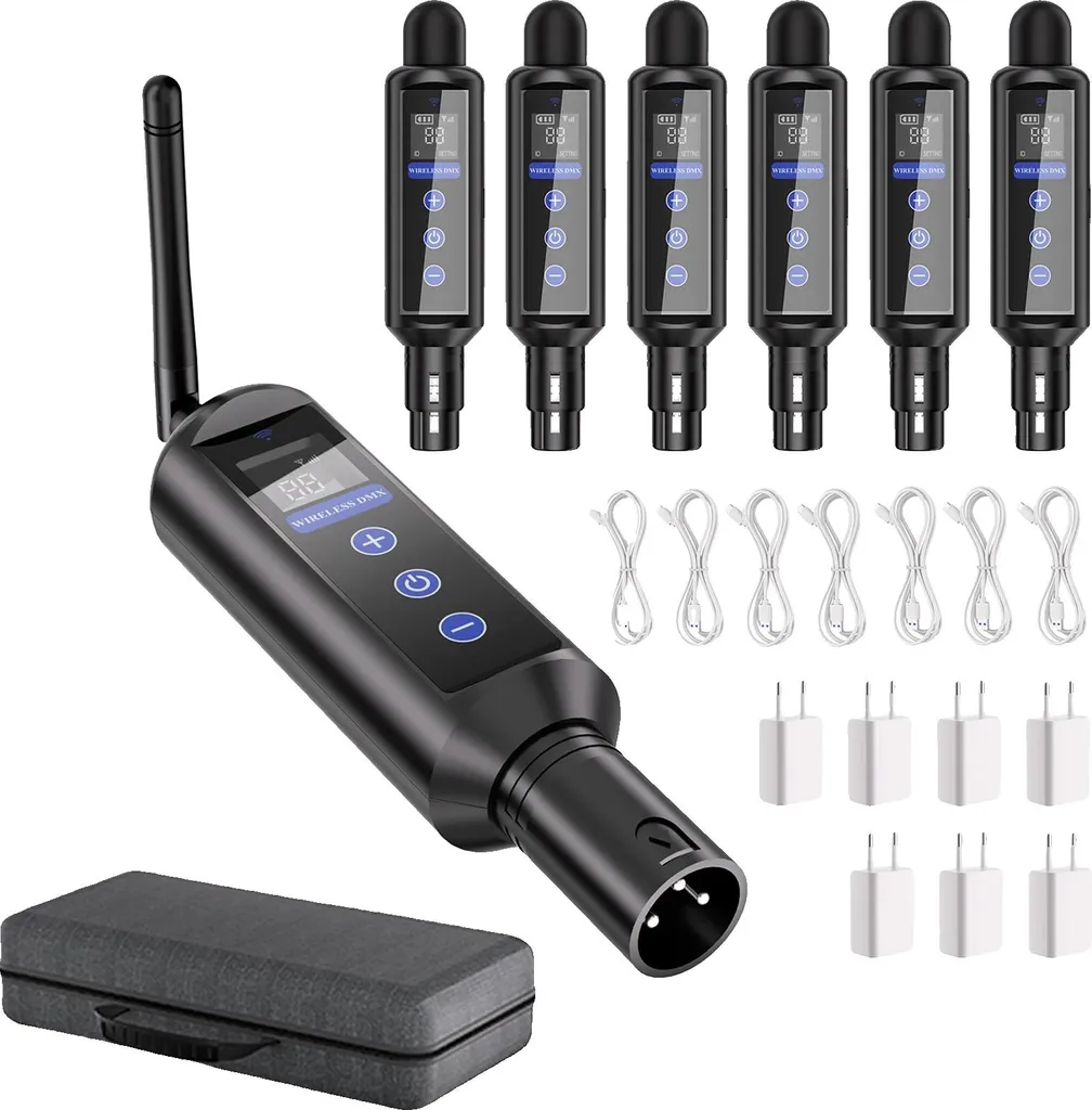 Émetteur DMX512 sans fil avec 6 récepteurs rechargeables noir