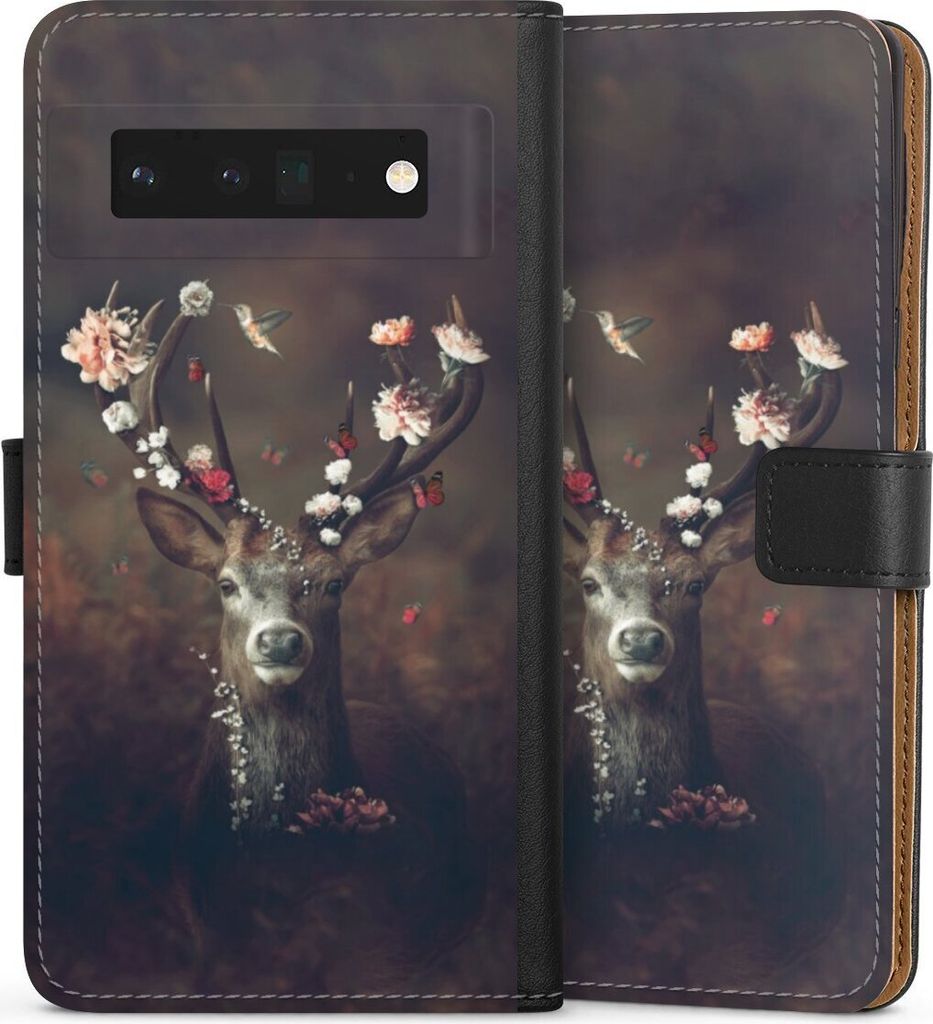 DeinDesign Klapphülle für Google Pixel 6 Pro Handytasche Lederhülle Tasche Blumen Rehe Rentier