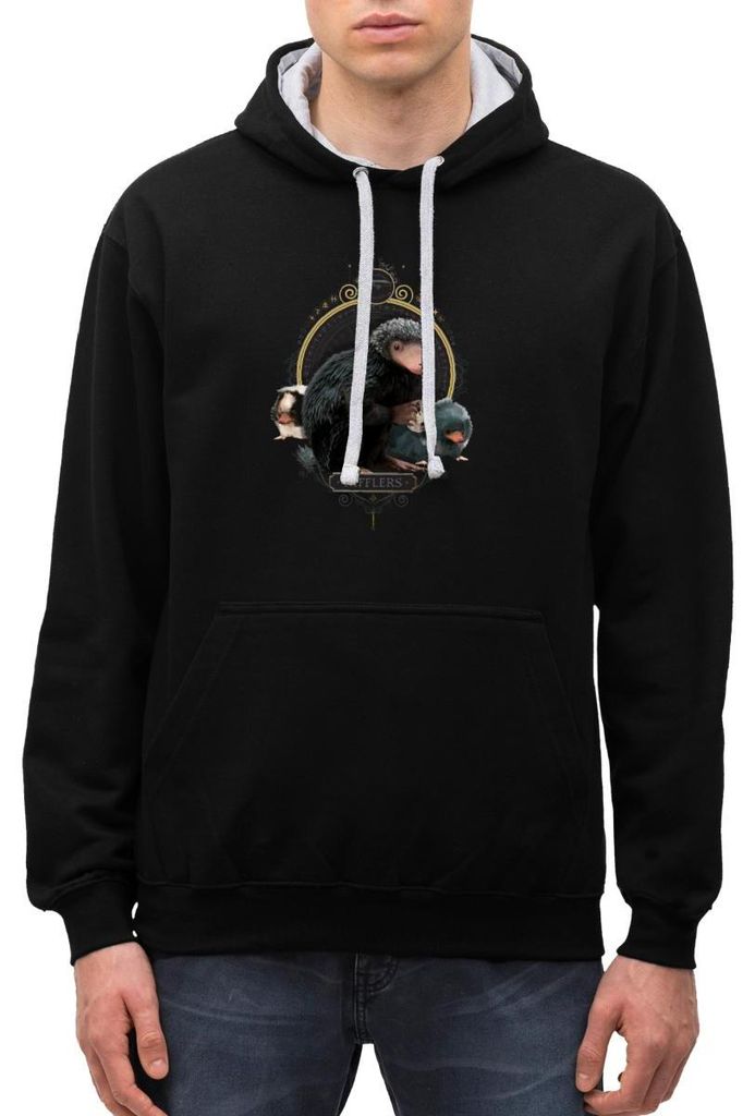 Spreadshirt Phantastische Tierwesen Nifflers Uni Kontrast Hoodie, XXL, Schwarz/Grau meliert