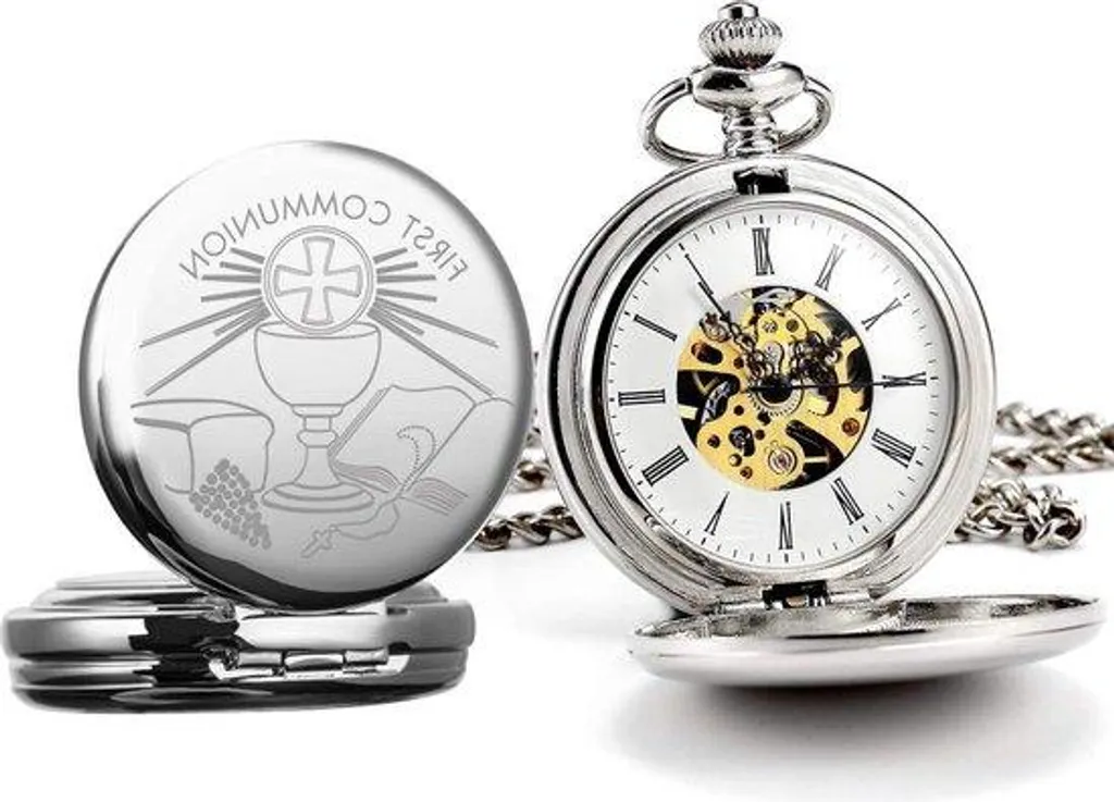 Montre de poche mécanique en argent massif avec chaîne et son coffret