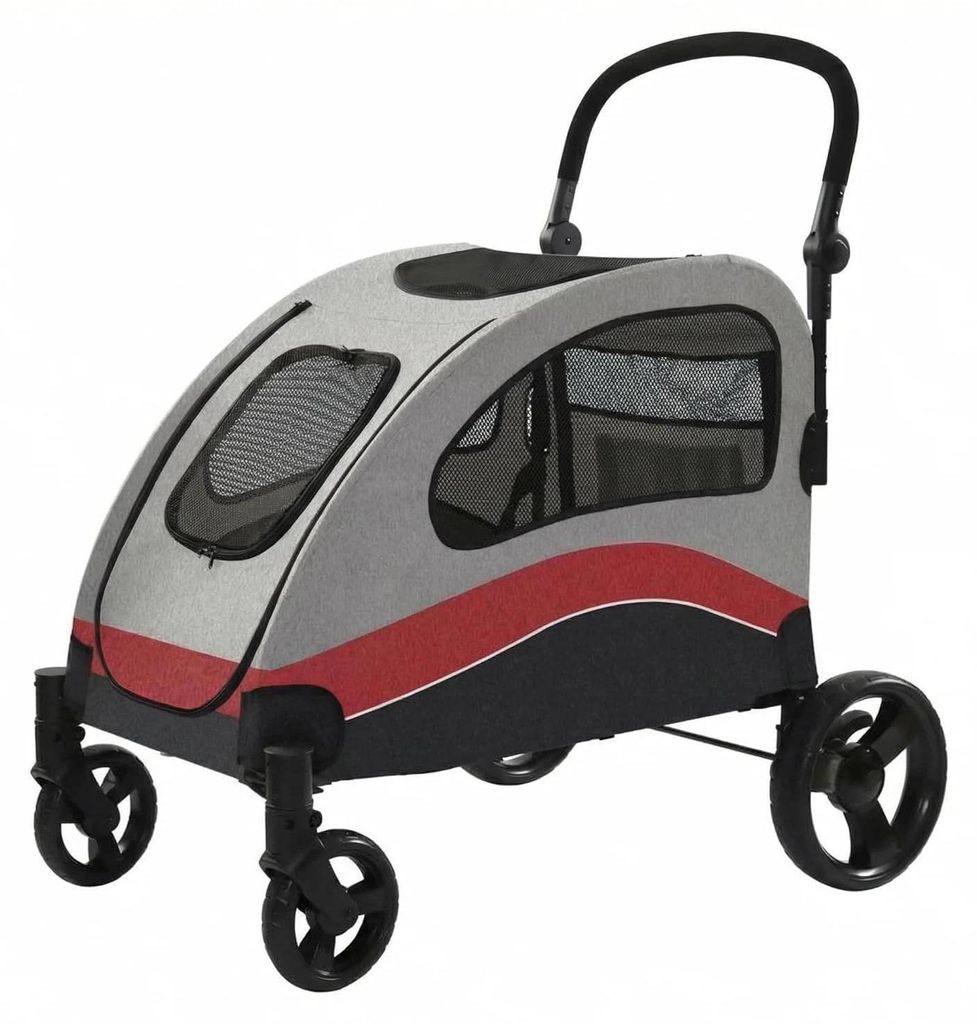 Haustierwagen - Hunde Buggy Transportwagen - Faltbar - 360° Gummiräder - Atmungsaktives Netz - Für Mittelgroße Hunde Bis 60 kg - Rot Grau