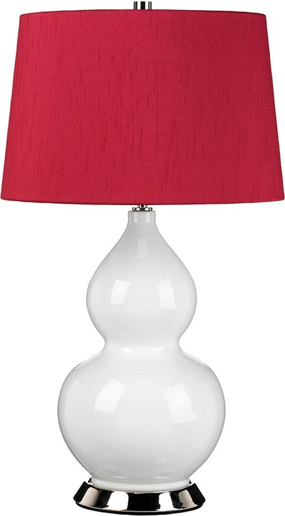 Tischleuchte Stoff Keramik E27 64 cm hoch Weiß Rot Nickel poliert rund Retro Design Nachttischleuchte