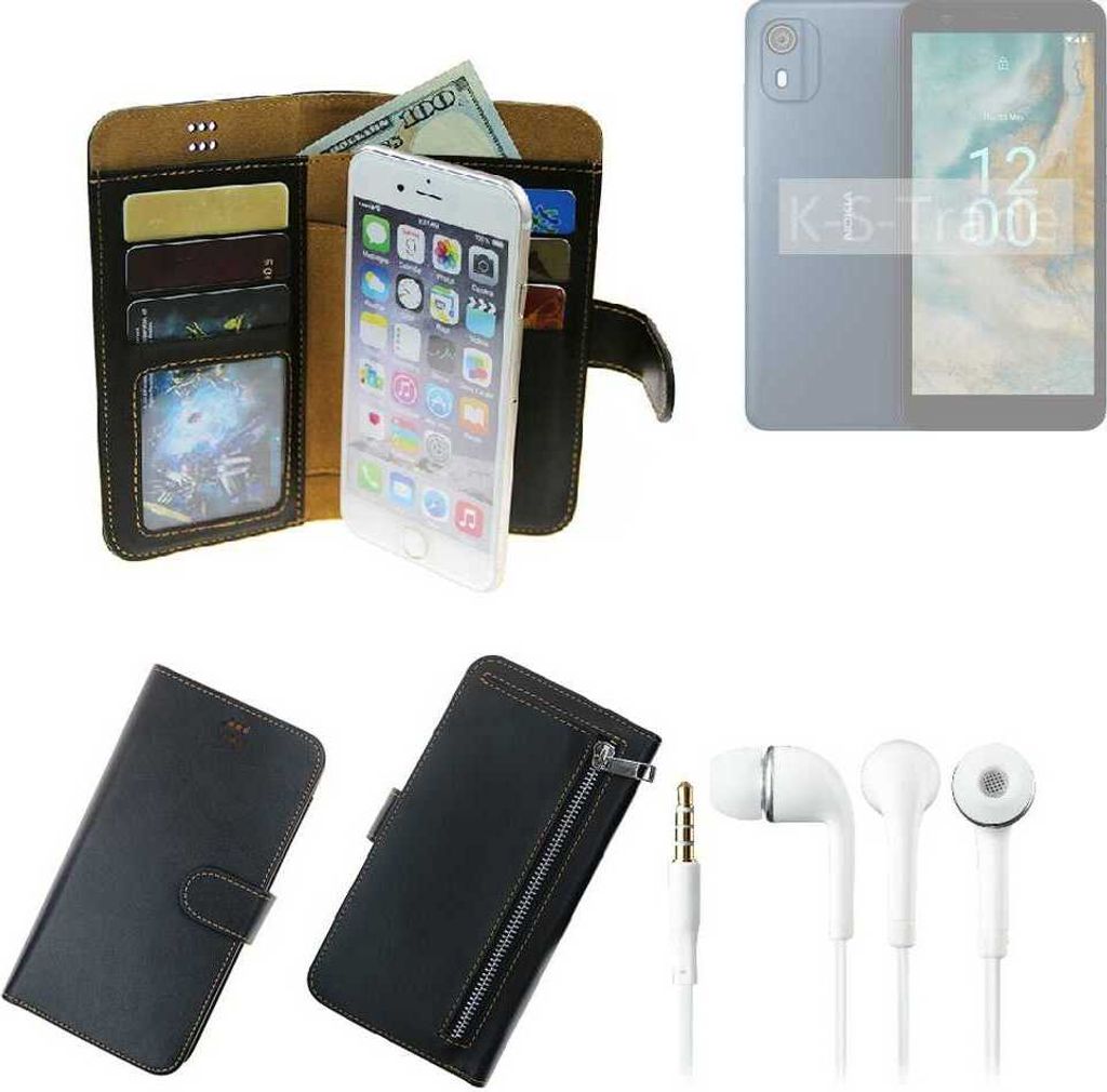 TOP SET Handy Hülle Schutz Hülle kompatibel mit Nokia CO2 schwarz aus Kunstleder + Kopfhörer Smartphone Tasche vollwertige Geldbörse K-S-Trade