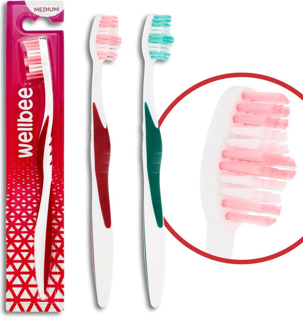 WELLBEE Mittelharte Zahnbürste für Erwachsene (2er-Packung) - Farbmix 1 Stück.