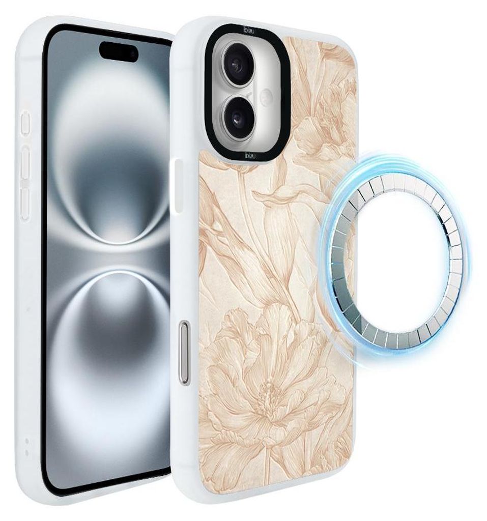 Schutzhülle für das iPhone 16 Plus, MagSafe-kompatibel, mattweiße Seiten, Blumen, golden